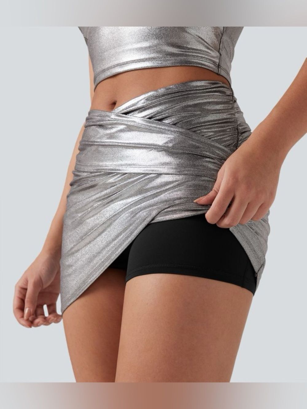 Halara High Waisted Crossover Ruched Bodycon Skort in Metallic Silver NWT XS Reg